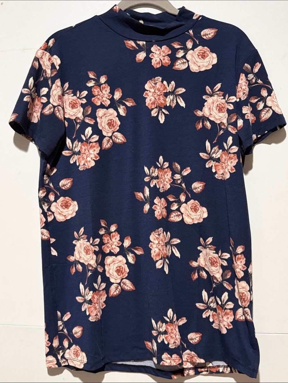 LuLaRoe Navy Ruth Mockneck Top with Pink Floral Print